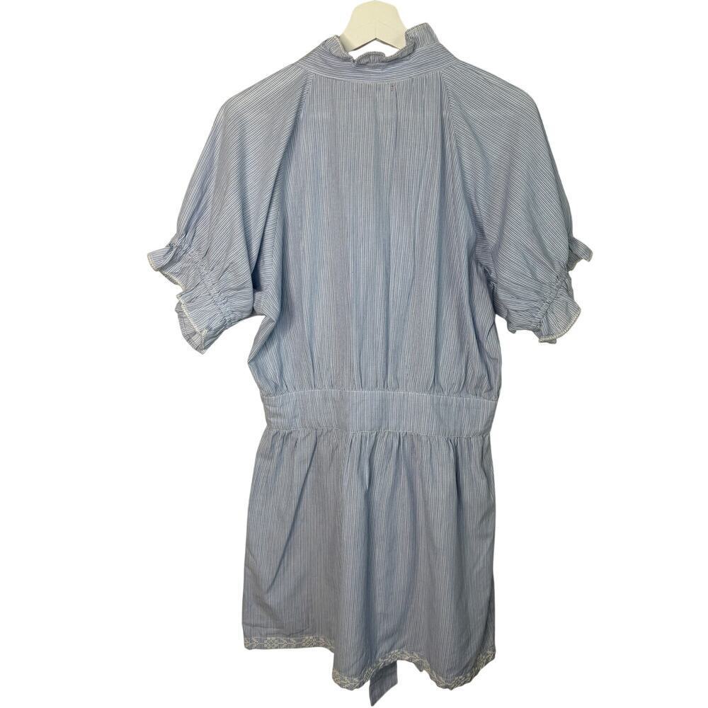 Stark Embroidered Ruffle Trim Short Sleeve Mini Shirtdress Blue White Women's S - Picture 7 of 10
